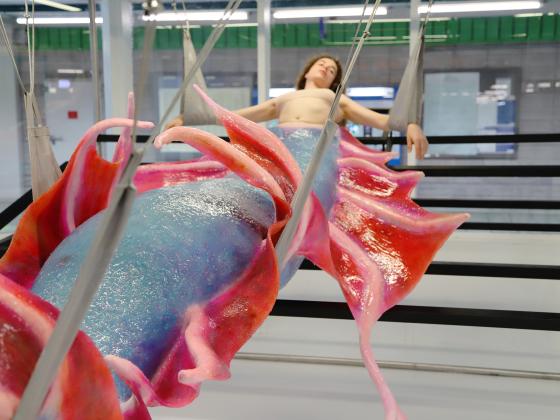 Person mit farbenprächtigem, blau-rosa Fischschwanz liegt in Kunstinstallation, von Gurten getragen.