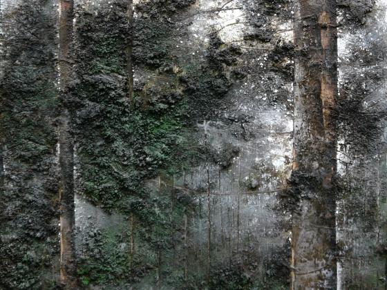 Jens Rausch, Umorientierung eines Waldes, verschiedene Materialien auf Leinwand, 170 x 230 x 6 cm, 2025 (Ausschnitt)