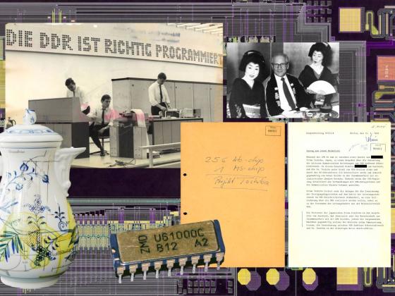 Collage mit Fotografien und einer Kanne in gelb und lila