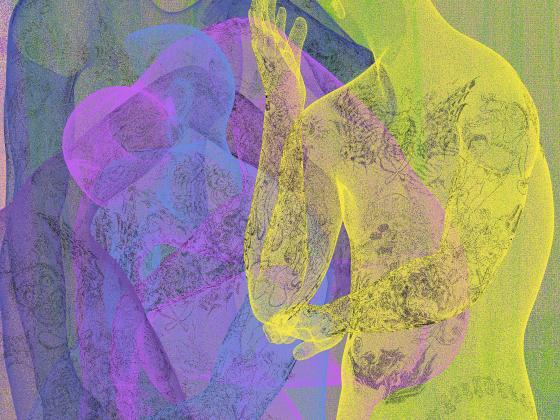 artwork by Tim Berresheim showing multiple figures contemplating in vibrant colors