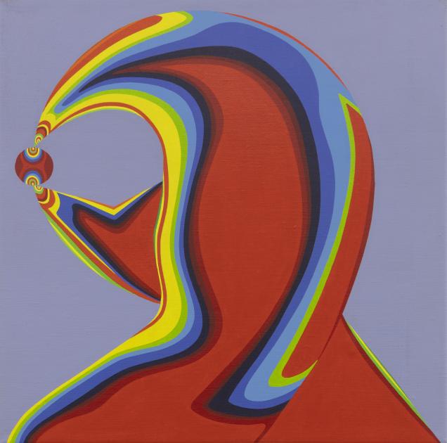 Das Gemälde zeigt eine abstrahierte Zange im Stil der Pop Art. Die bunte Farbe und die Form der Zange erinnern an einen Papageienkopf.