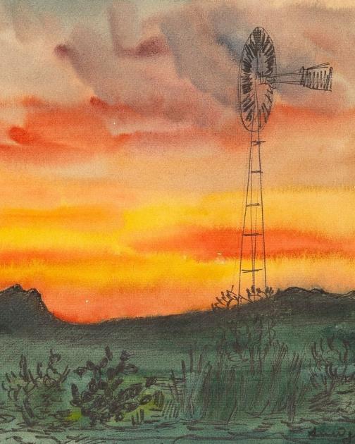 Landschaft mit Windrad im Sonnenuntergang