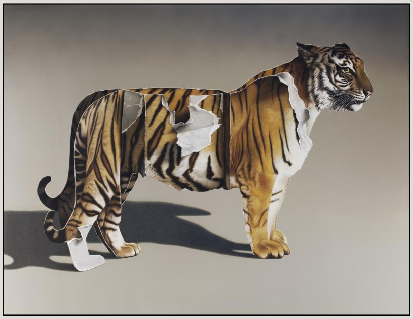 Zu sehen ist ein gemalter Tiger aus Papier