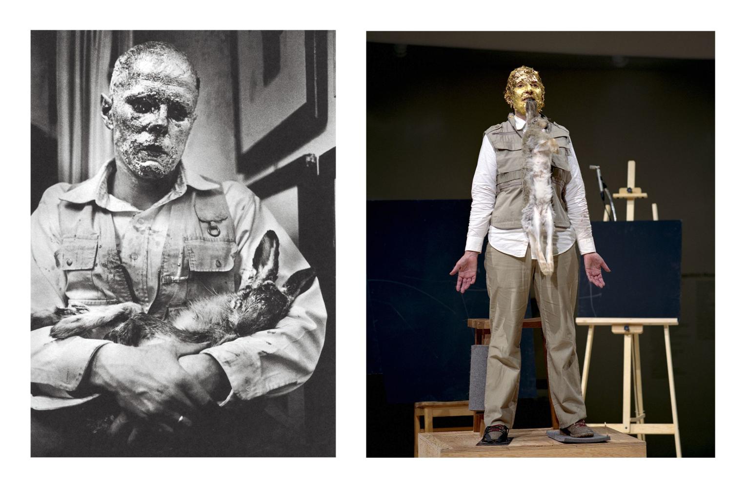 Joseph Beuys "wie man dem toten Hasen die Bilder erklärt", Aktion, Galerie Schmela, Düsseldorf, 26.11.1965 (links) und Marina Abramović "7 Easy Pieces", Videostill, Solomon R. Guggenheim Museum, New York, 2005 (rechts)
