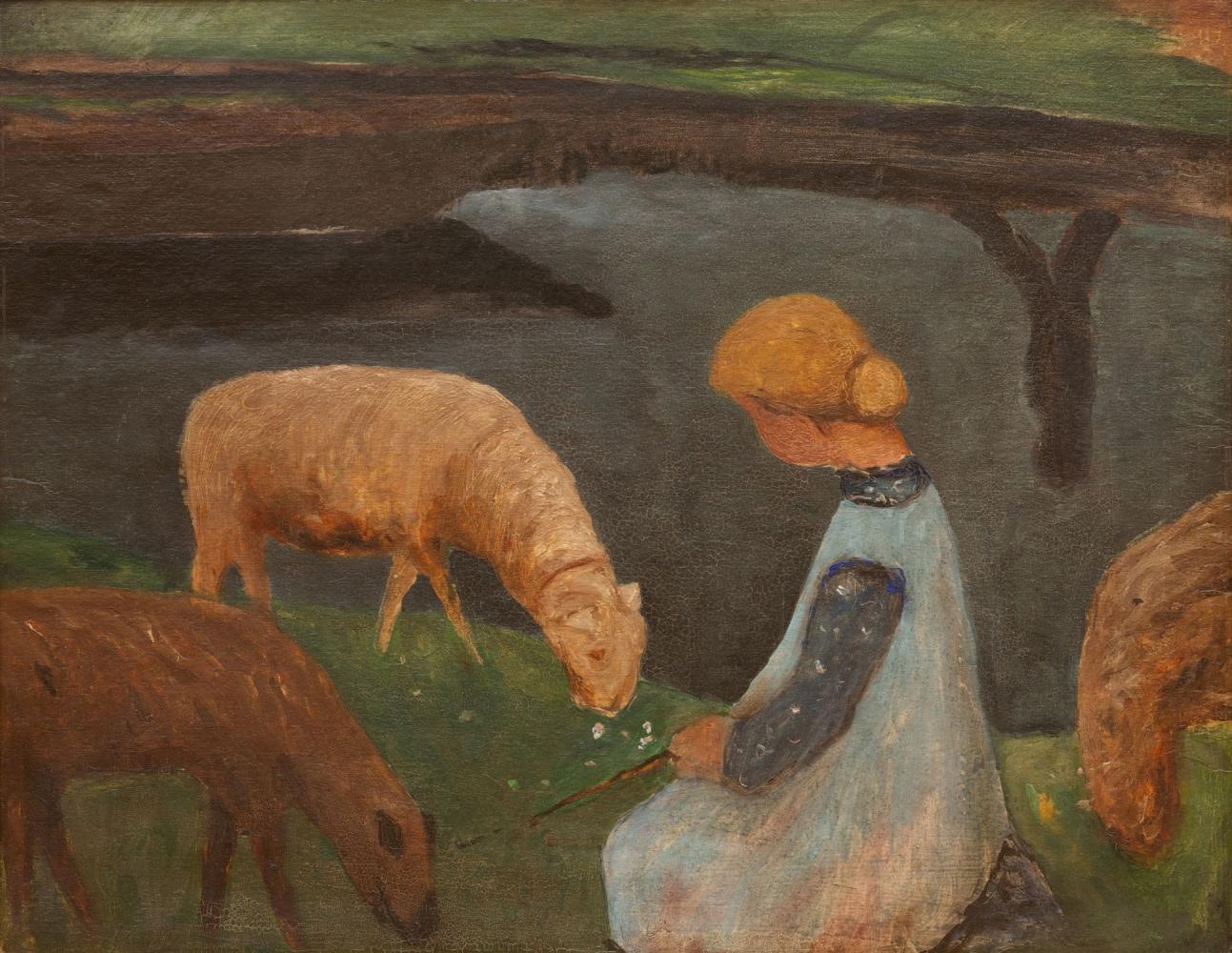 Paula Modersohn-Becker "Sitzendes Mädchen mit Schafen am Weiher I", um 1903